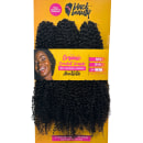 Extensões de cabelo cacheado da marca Black Beauty.. O produto é composto por mechas de cabelo cacheado e volumoso, na cor preta. O rótulo também indica que se trata de uma extensão de cabelo orgânica.