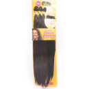 Conjunto de extensões de cabelo da marca Black Beauty. O conjunto contém três pacotes de cabelo preto liso, com a embalagem exibindo uma imagem de uma mulher sorrindo e informações sobre o produto, como "Organic Closure" e os tamanhos disponíveis.