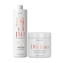 O produto de beleza Braé apresenta um frasco branco com rótulo rosa contendo "Divine Absolutely Smooth" e uma embalagem branca com o mesmo rótulo rosa contendo "Deep Cosmetic Hair Treatment Mask".