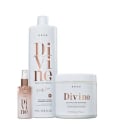 O conjunto de produtos Braé Divine inclui um frasco de shampoo, pote de máscara e sérum capilar ambos com design minimalista em tons claros e detalhes em dourado.