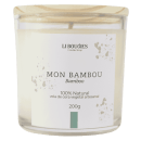 Vela de cera vegetal artesanal da marca LIBOUGIES, com o nome "Mon bambou" (Bamboo) impresso no rótulo. A embalagem é um recipiente de vidro transparente com tampa de madeira. O rótulo indica que a vela é 100% natural e possui 200g de peso.