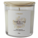Vela de cera vegetal artesanal LIBOUGIES, com o nome "Thé blanc" (Chá Branco). A embalagem é um frasco de vidro transparente com uma tampa de cor bege.