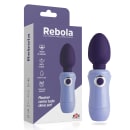 Vibrador da marca Rebola, com 7 modos de vibração, cabeça flexível e à prova d'água. O próprio vibrador é de cor roxa e azul claro, com um formato ovalado e um carregador magnético.
