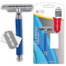 Aparelho de barbear da marca NYBC Beauty. Ele possui um design com corpo azul e detalhes em prata, incluindo uma lâmina de barbear. A embalagem do produto exibe o nome da marca e o modelo "AB-86CA" em um cartão com informações adicionais.