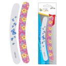 Duas lixas de unha da marca NYBC Beauty. A lixa da esquerda possui um design com borboletas azuis, enquanto a da direita possui um design floral com flores amarelas e azuis em um fundo rosa.