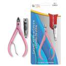 Conjunto de duas ferramentas de manicure da marca NYBC Beauty. Elas incluem um cortador de unhas e um alicate de cutículas, ambos com design em cor rosa. A embalagem exibe o logotipo da marca e informações sobre o produto em um fundo azul.