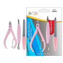 Conjunto de ferramentas de manicure e pedicure da marca NYBC Beauty. O conjunto contém três unidades, incluindo um alicate de unha, uma espátula e uma lixa de unha.