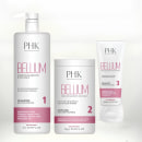 Kit com shampoo, máscara e finalizador térmico Bellium, da marca PHK Professional Hair.
