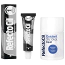 Caixa e tubo de coloração RefectoCil em preto e branco, com logotipo. Frasco de revelador líquido RefectoCil Oxidant 3% 10vol. Produtos para coloração de sobrancelhas e cílios.