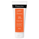 Protetor solar Principia com FPS 35, contendo 15% de filtros UV e 2% de niacinamida, em embalagem branca e laranja com informações sobre o produto.