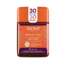 Caixa laranja com rótulo "Move Skin Beauty Beauty Glow", contendo 30 cápsulas de suplemento alimentar com ácido hialurônico, silício e cistina, além de vitamina C para auxiliar na formação do colágeno.