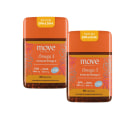 Dois frascos de cápsulas de suplemento alimentar Move Skin Beauty Omega 3, com 660 mg de EPA e 440 mg de DHA, em embalagens laranja e amarela com rótulos destacando os ingredientes.
