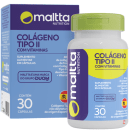 Caixa e frasco de suplemento alimentar Colágeno Tipo II com Vitaminas da marca Maltta Nutrition, contendo 30 cápsulas. A embalagem apresenta cores predominantes de roxo e amarelo, com informações sobre o produto e a marca.