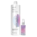 Frasco branco de shampoo com 1L de capacidade e um frasco menor de óleo capilar rosa de 60ml. O rótulo do shampoo destaca o sistema de ácido hialurônico e a promessa de limpeza suave e desembaraço dos cabelos.