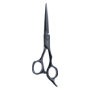 Tesoura de corte Okyo, com design elegante e moderno em tons de cinza escuro. Apresenta formato pontudo e lâminas afiadas, ideal para uso profissional em cuidados com cabelos.