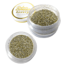 Potes de plástico transparente contendo glitter dourado brilhante da marca Bitarra Beauty.