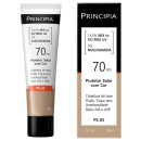 Protetor solar da marca Principia, com FPS 70, contendo 14,5% de mix de filtros UV e 5% de niacinamida. Embalagem em tubo plástico branco e preto, com informações sobre o produto impressas.