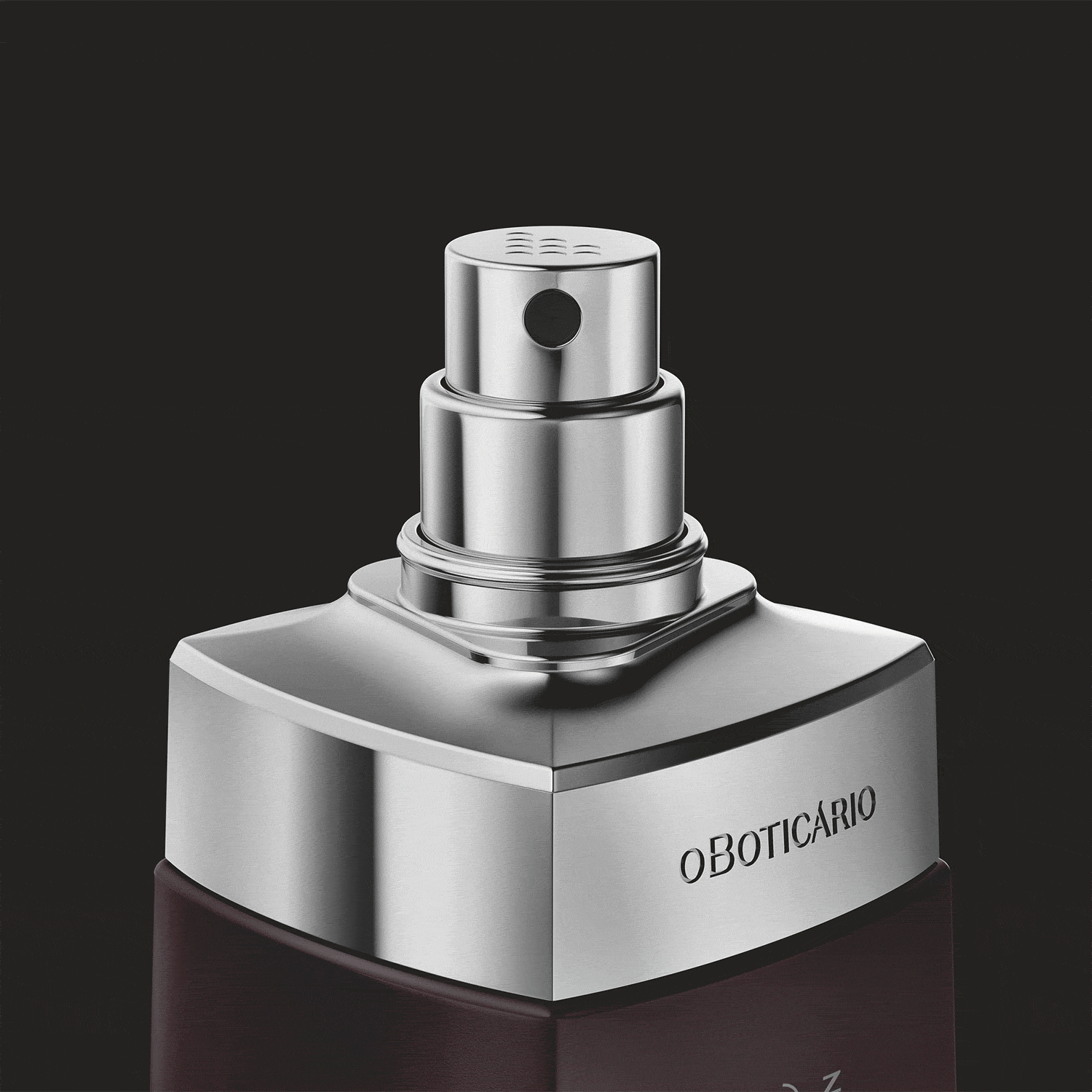 O frasco tem um formato geométrico único, com várias camadas cilíndricas metálicas empilhadas
O contraste entre o metal prateado e o fundo preto da imagem destaca o design minimalista e sofisticado do frasco.