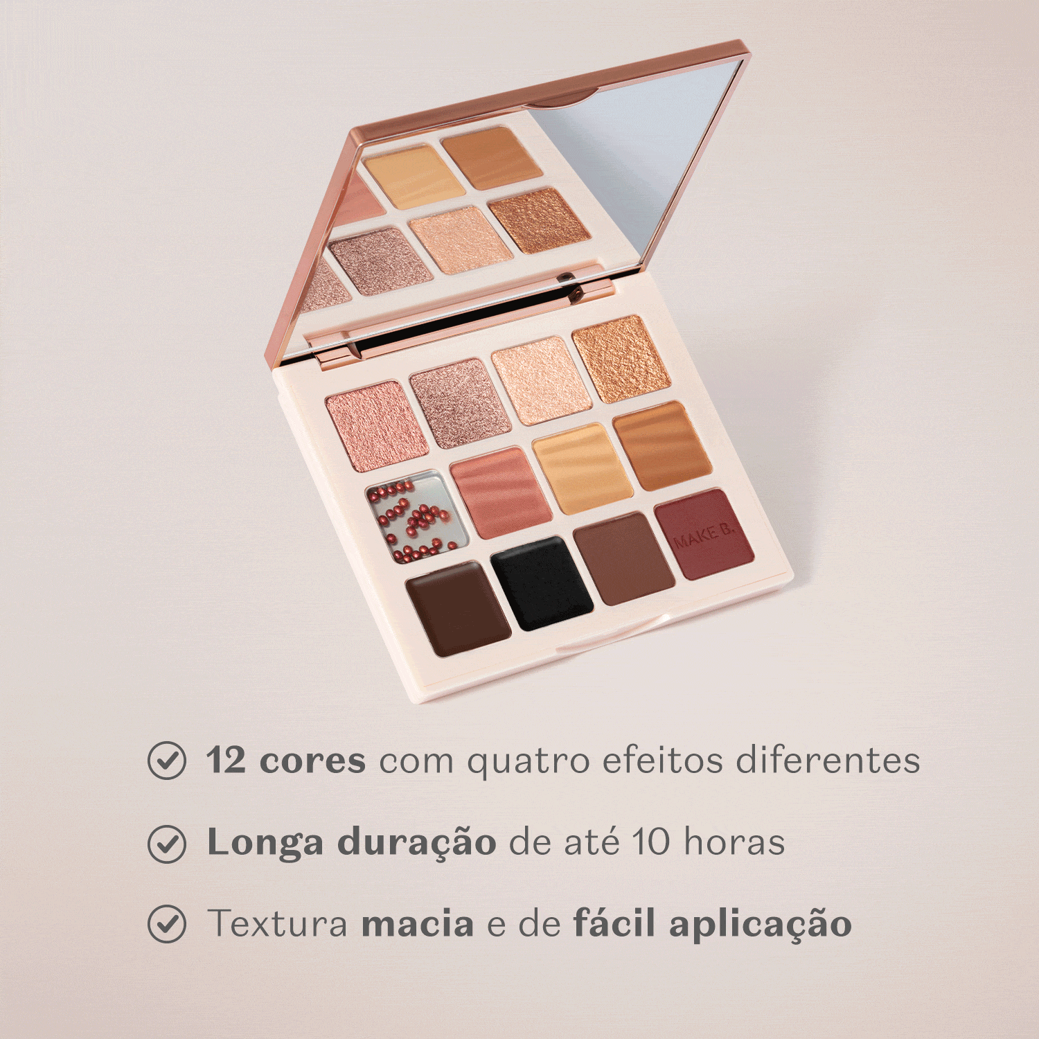 A embalagem tem design moderno. A paleta está aberta, exibindo os diferentes tons de sombras, que variam de cores neutras a tons mais quentes. O texto destaca a longa duração de até 10 horas e a textura macia e de fácil aplicação do produto.