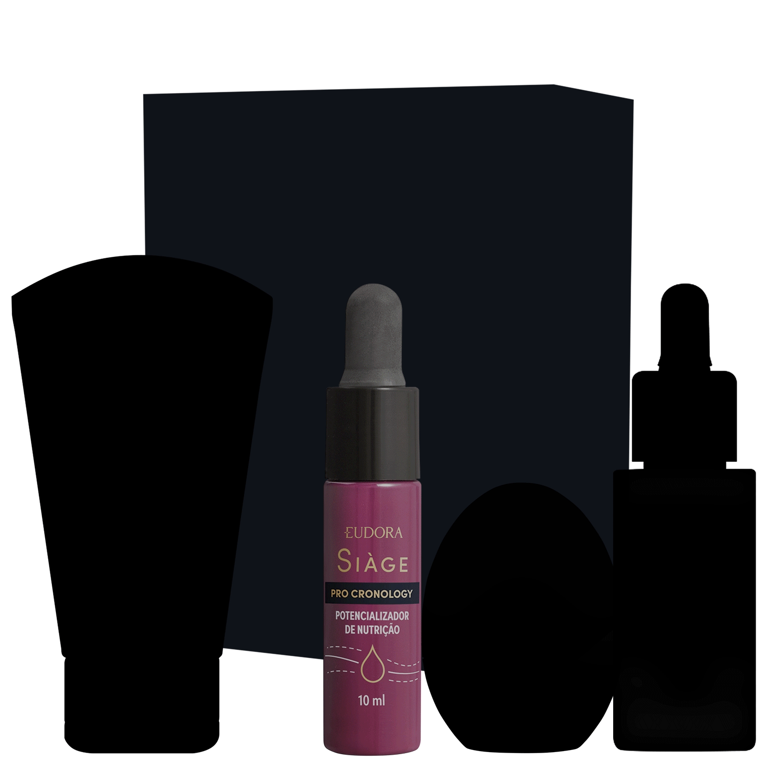 Conjunto de produtos de beleza, mostrando apenas a silhueta, para manter surpresa.