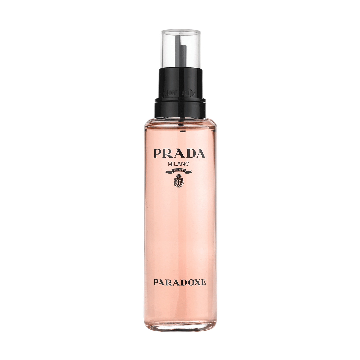Frasco de perfume Prada Paradoxe, com design elegante em tons de rosa e preto, exibindo o logotipo da marca em destaque. O produto apresenta um design moderno e sofisticado, com um atomizador na parte superior.
