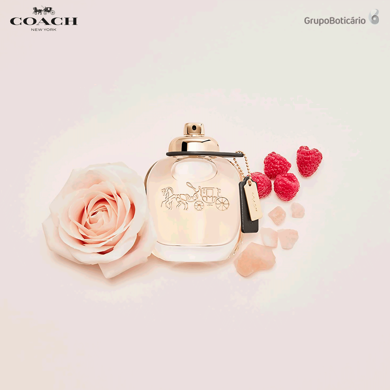 Perfume cercado por framboesas e uma rosa cor de pêssego grande. As cores predominantes são dourado, vermelho, rosa e tons pêssego.