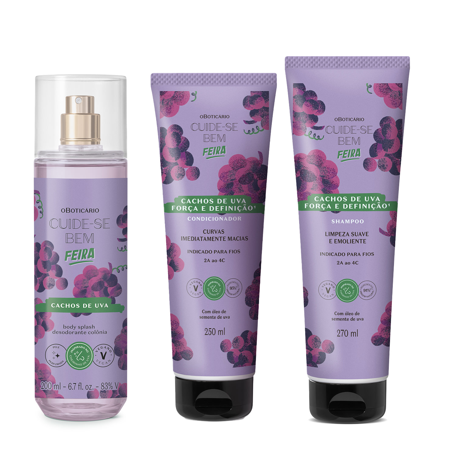 Combo Cuide - se Bem Cachos de Uva: Body Splash 200ml + Shampoo 270ml +Condicionador 250ml