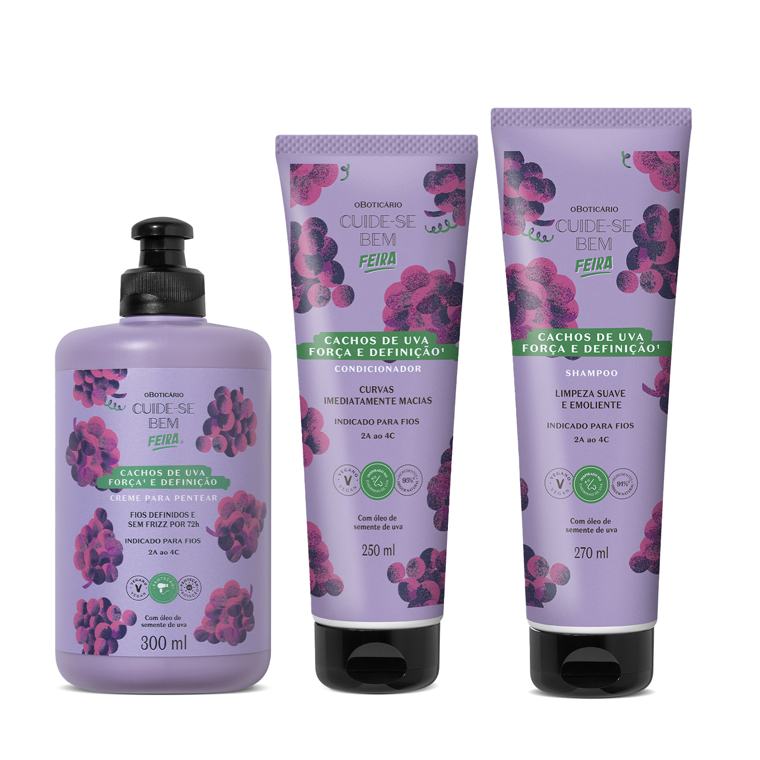 Combo Cuide - se Bem Cachos de Uva: Shampoo 270ml + Condicionador 250ml +Creme Para Pentea... Combo Cuide - se Bem Cachos de Uva: Shampoo 270ml + Condicionador 250ml +Creme Para Pentea...