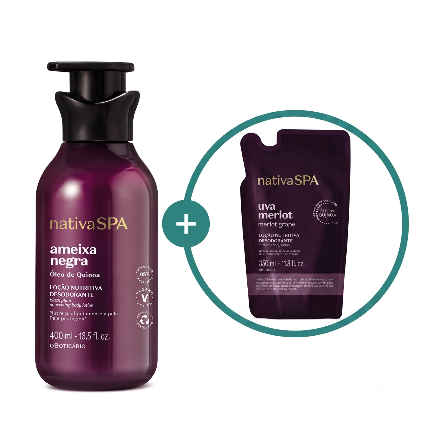 Combo Nativa Spa: Loção Corporal Ameixa Negra 400ml + Refil Uva Merlot 350ml