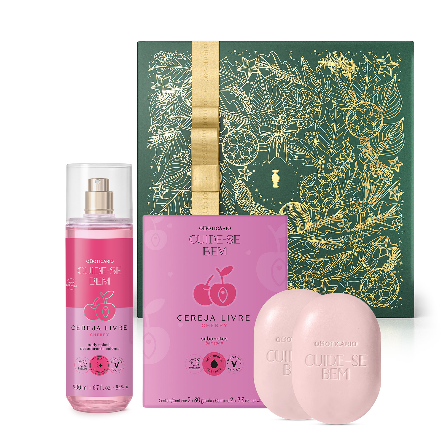 Combo Presente Cuide - se Bem Cereja Livre: Body Splash 200ml + Sabonetes Em Barra 2x80g +...