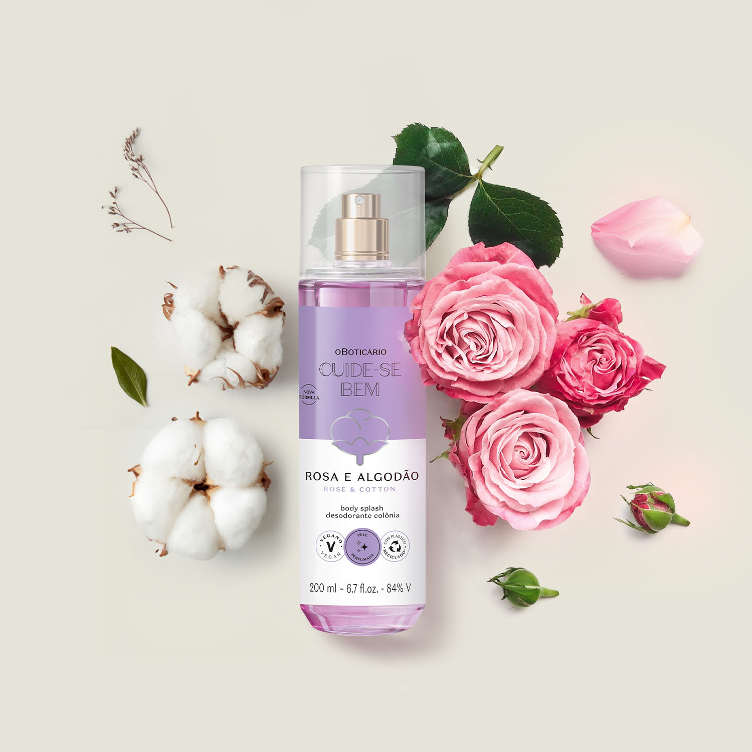 Body Splash Desodorante Colônia Cuide-se Bem Rosa e Algodão 200ml