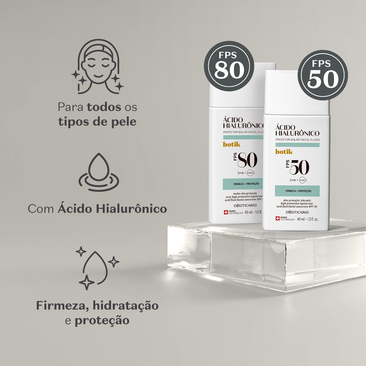 Protetor Solar Facial Fluido FPS 50 Botik Ácido Hialurônico 40ml