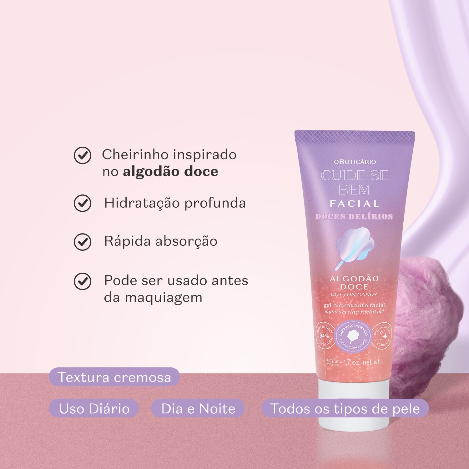 Gel Hidratante Facial Cuide-se Bem Doces Delírios Algodão Doce 50g