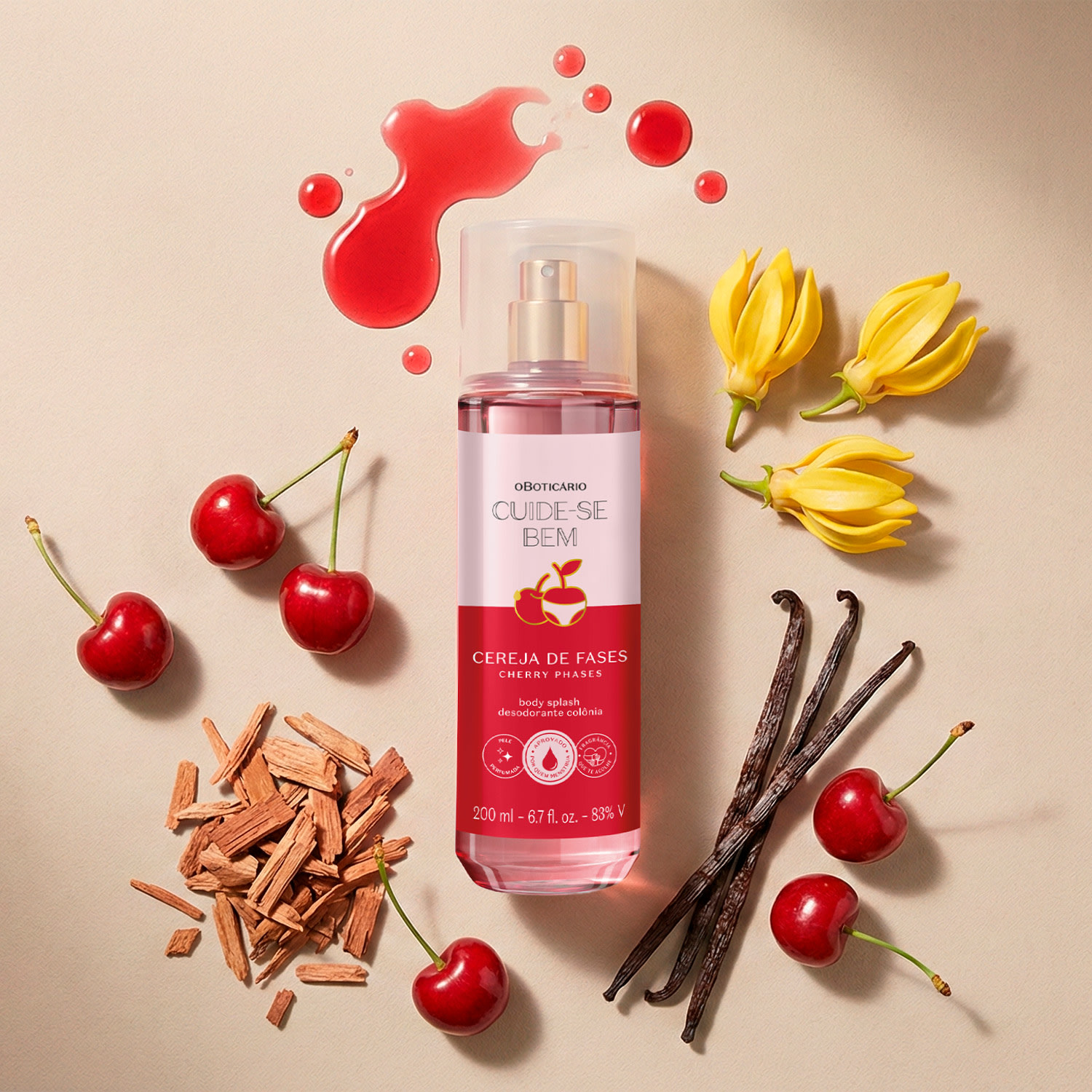 Body Splash Desodorante Colônia Cereja de Fases 200ml