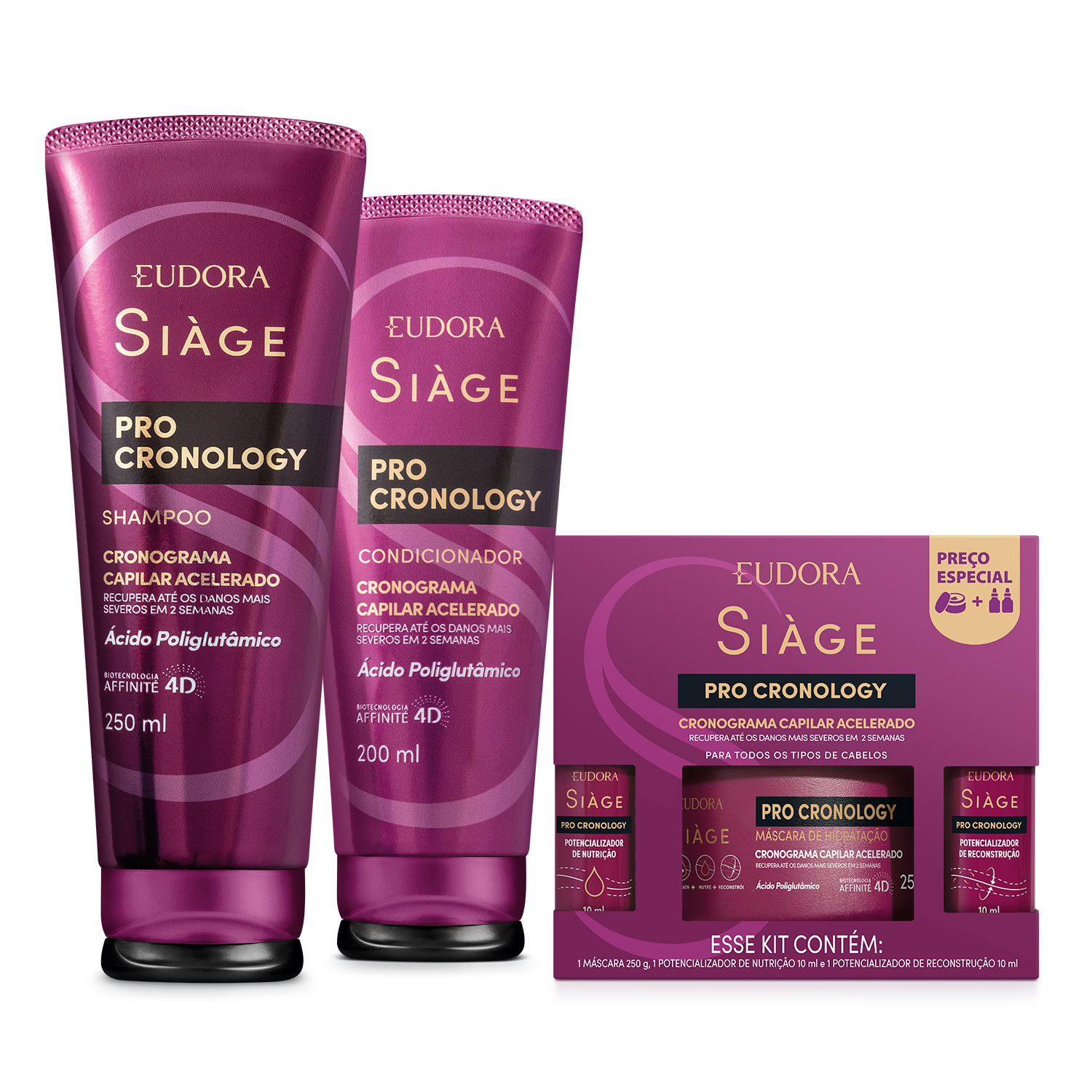 Combo Siàge Pro Cronology: Shampoo 250ml + Condicionador 200ml + Kit Cronograma Capilar Acelerado 1