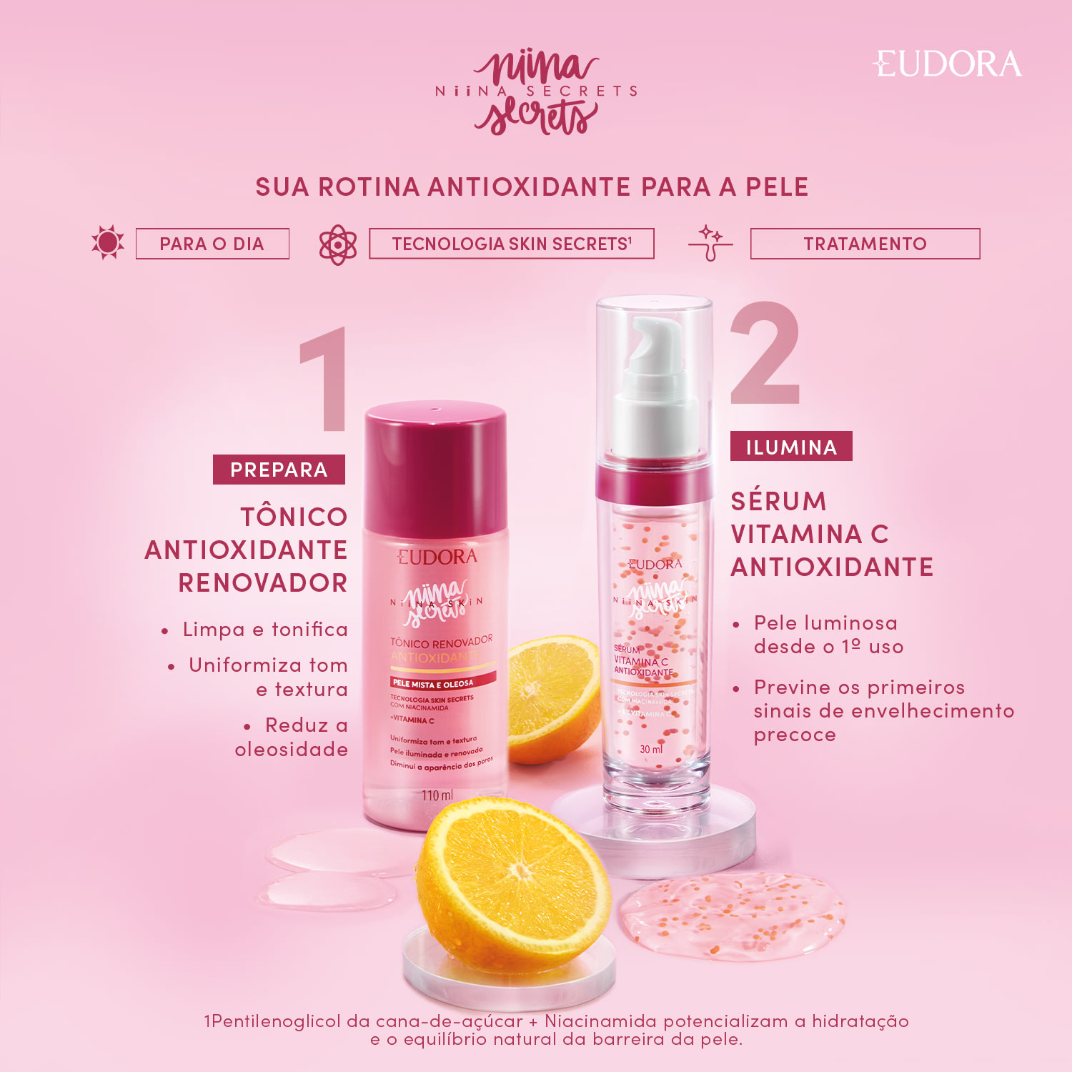 Combo Niina Secrets Skin Antioxidante: Sérum Facial 30ml + Tônico Renovador 110ml
