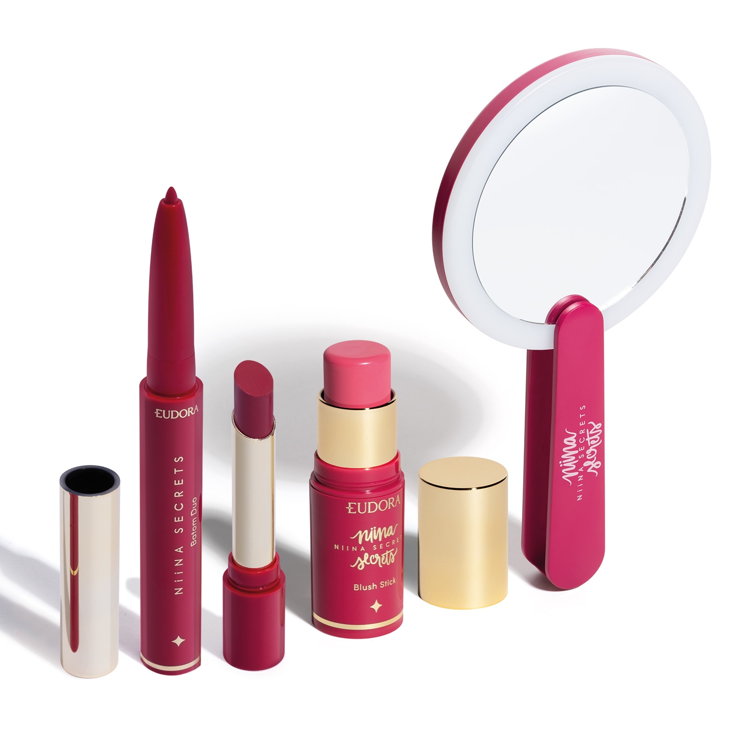 Combo Niina Secrets: Blush Rosa 5g + Batom Rosa 1,65g + Espelho Pink 1