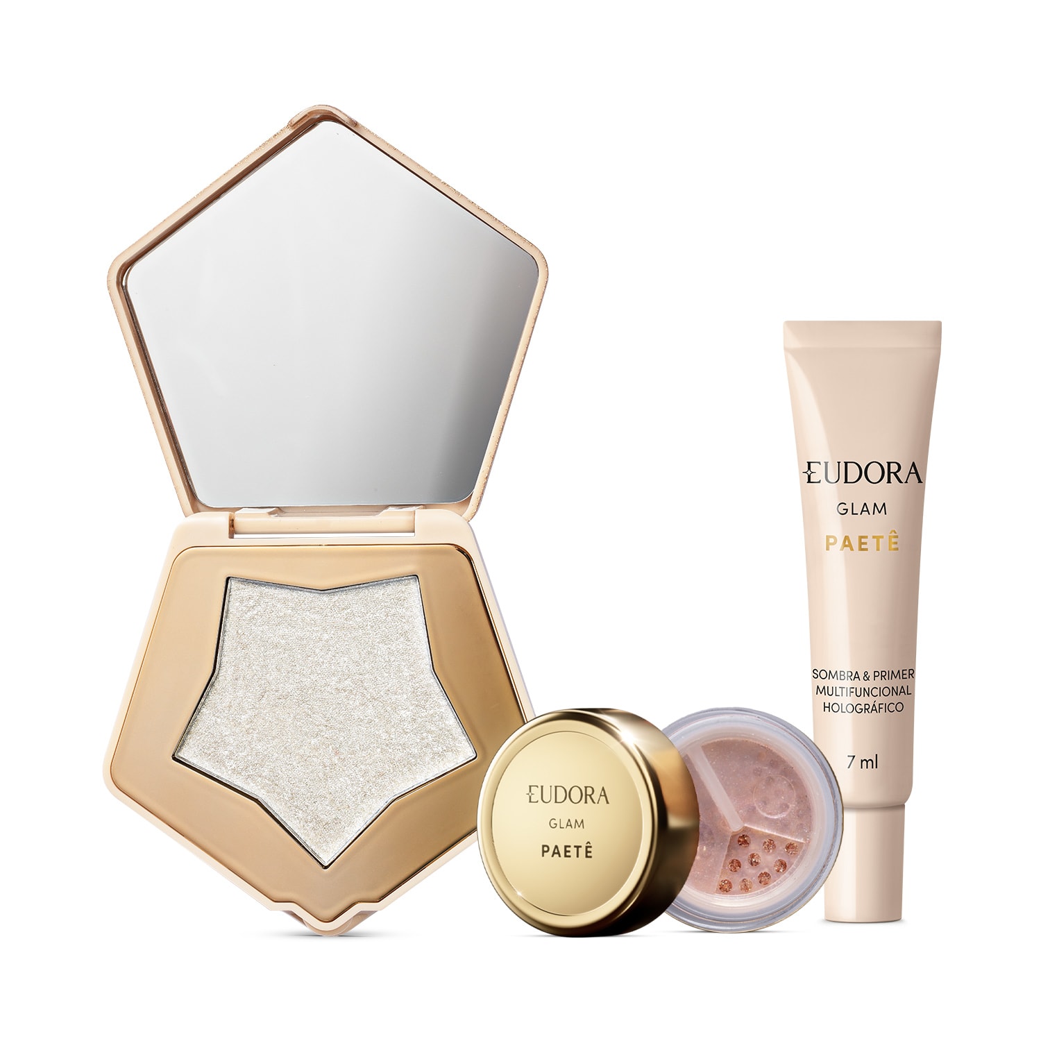 Combo Glam Paetê: Iluminador Multifuncional 5g + Glitter Multifuncional Rosê 1g + Sombra & Primer 7ml 1