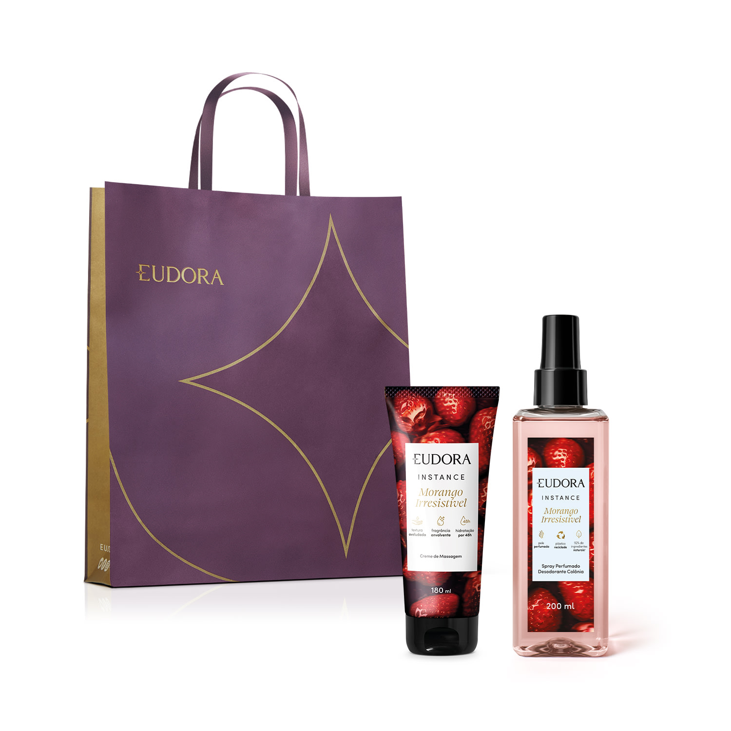 Combo Instance Morango Irresistível: Spray Perfumado 200ml + Creme de Massagem 180g + Saco... Combo Instance Morango Irresistível: Spray Perfumado 200ml + Creme de Massagem 180g + Saco...