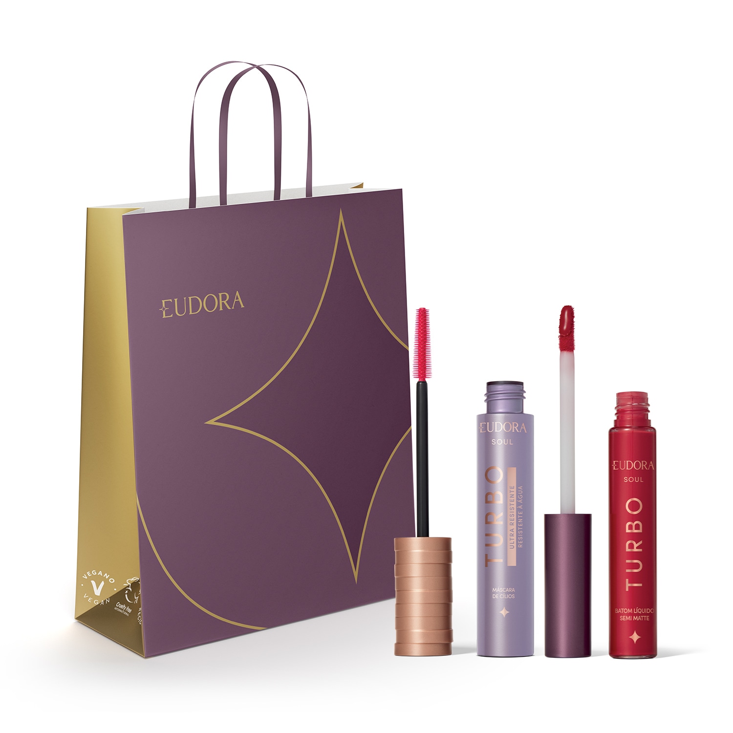 Combo SOUL Turbo: Máscara Cílios Ultra Resistente 10g + Batom Líquido Vermelho Semi Mate 5ml + Sacola M 1