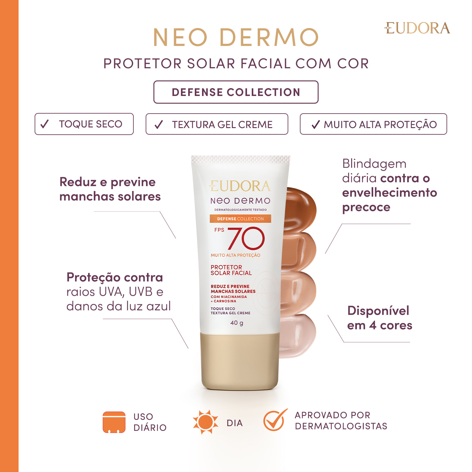 Protetor Solar Facial com Cor Eudora Neo Dermo FPS 70 COR 1 40ml