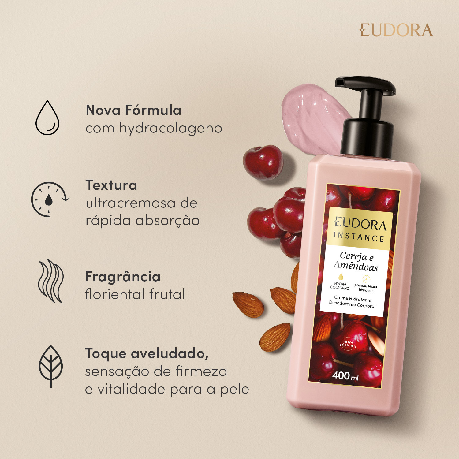 Creme Hidratante Desodorante Corporal Instance Cereja e Amêndoas 400ml