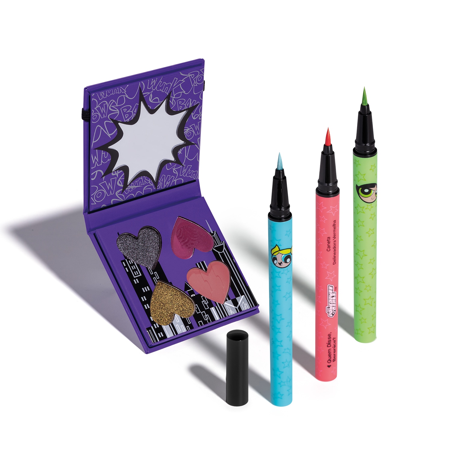 Combo Olhar Poderoso QDB As Meninas Superpoderosas: Mini Paleta de Sombras 4g + 3 Canetas Delineadoras 0,4g cada