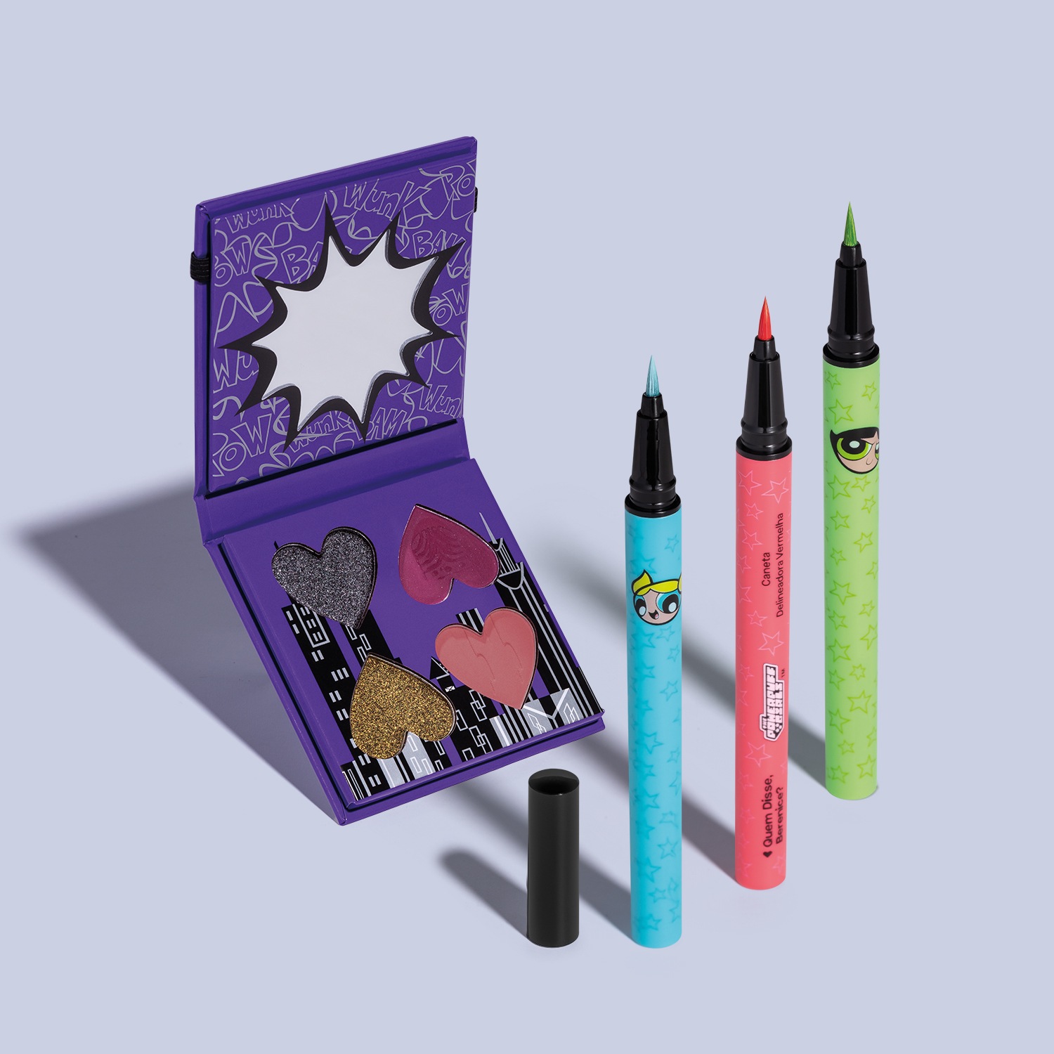 Combo Olhar Poderoso QDB As Meninas Superpoderosas: Mini Paleta de Sombras 4g + 3 Canetas Delineadoras 0,4g cada