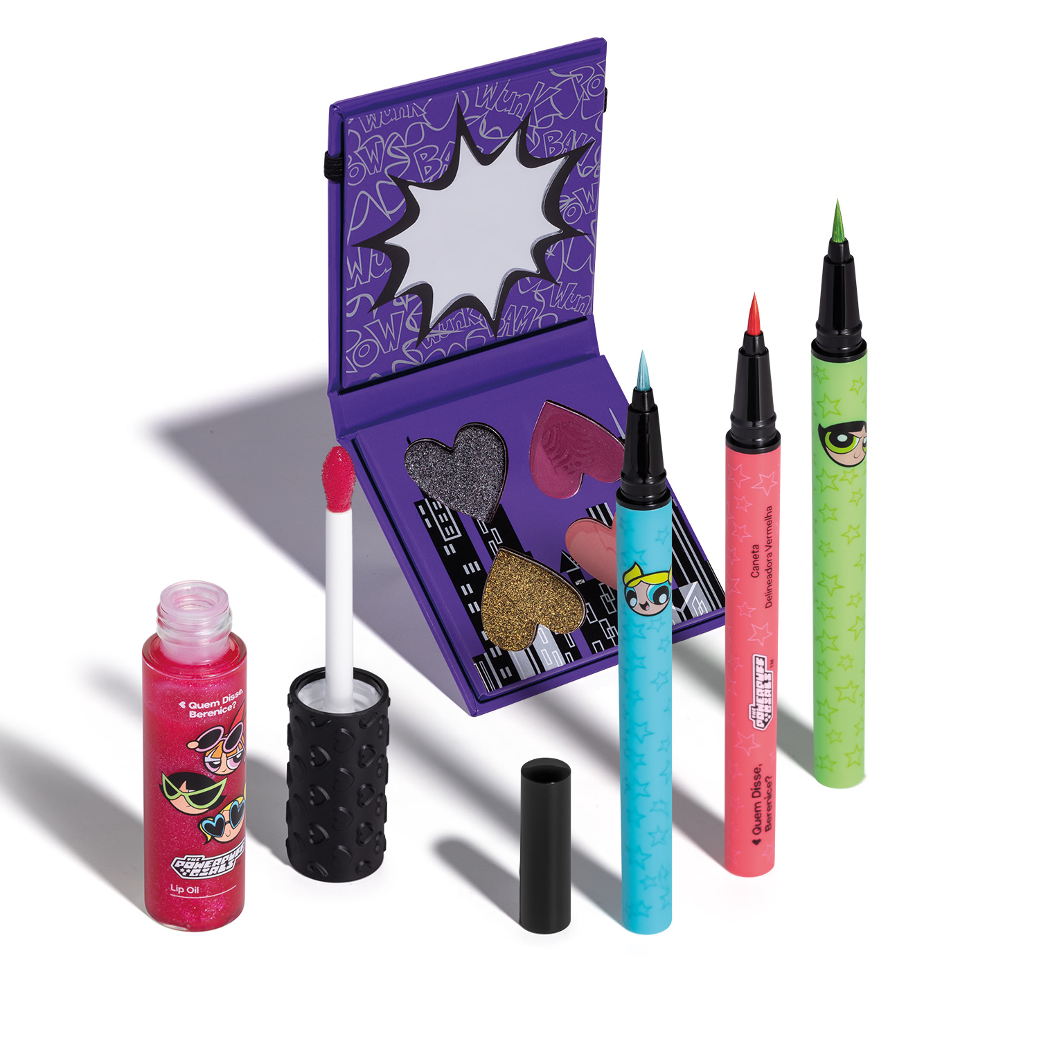 Combo QDB As Meninas Superpoderosas: Mini Paleta de Sombras 4g + 3 Canetas Delineadoras 0,4g cada + Lip Oil Translúcido 9,5ml