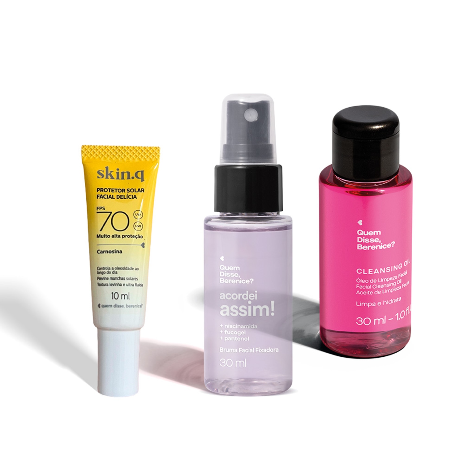 Combo Mini Skincare: Protetor Solar Facial FPS 70 10ml + Bruma Facial Fixadora 30ml + Óleo de Limpeza Facial 30ml