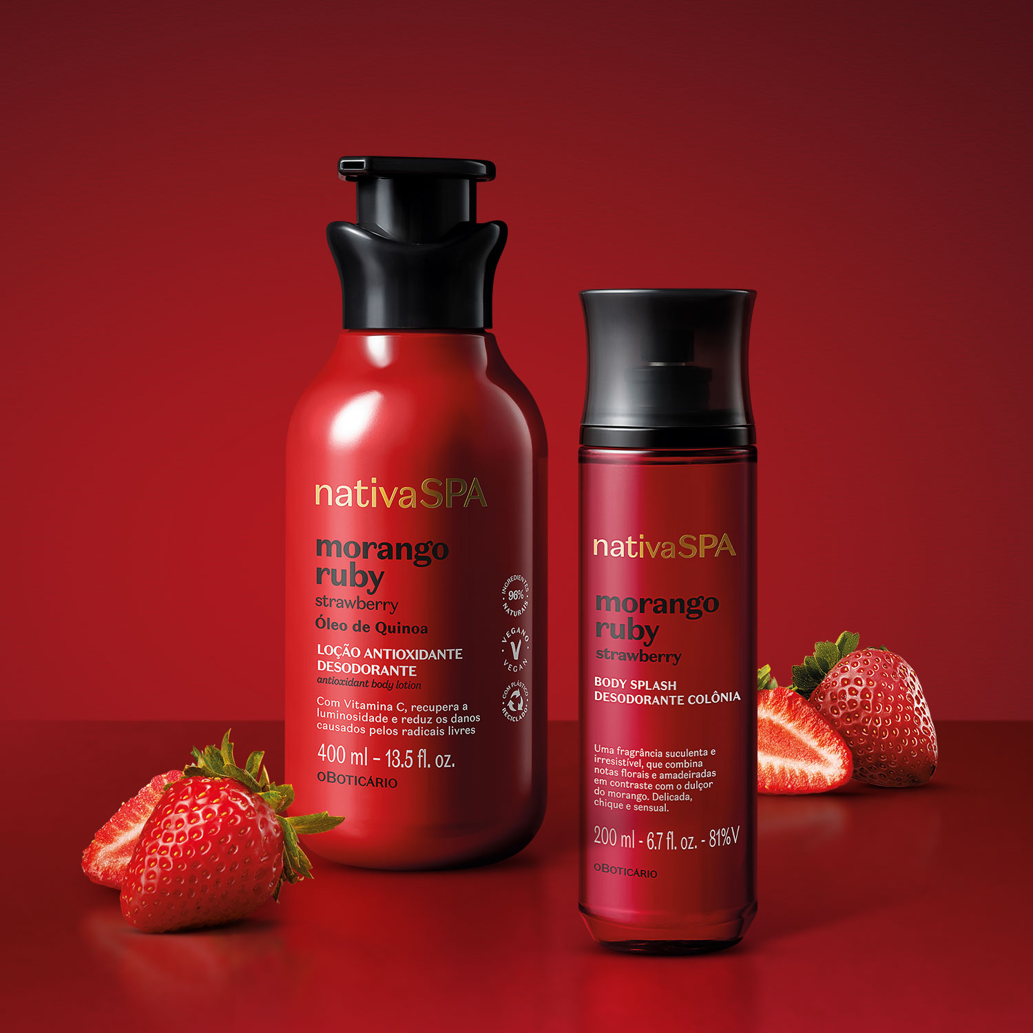 Combo Nativa SPA Morango Ruby: Loção Corporal 400ml + Body Splash 200ml