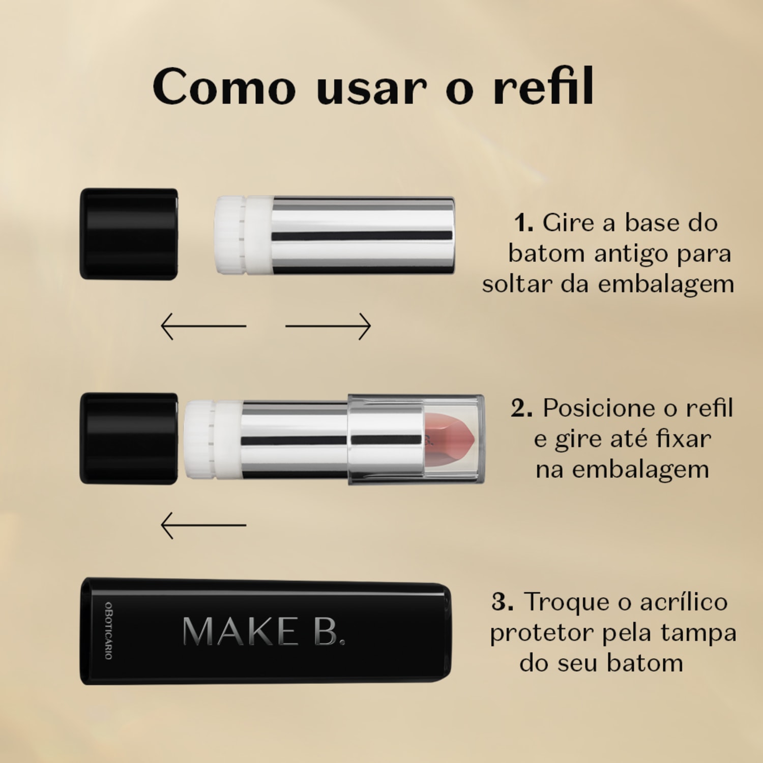 Combo Batom Mate Make B.: Revolution Brown 3,6 g + Refil Rose Fabulous 4g