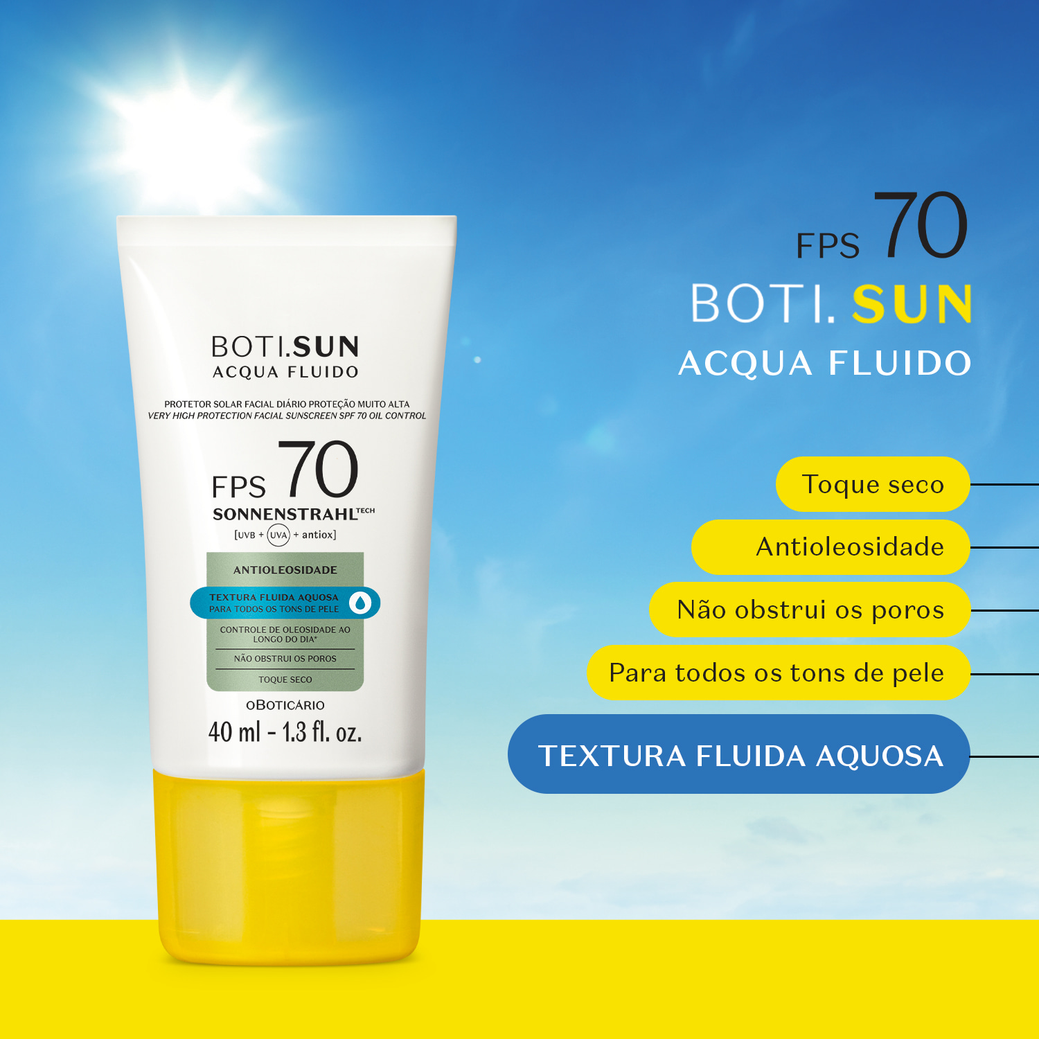 Protetor Solar Facial Antioleosidade FPS70 Boti.Sun Acqua Fluido 40ml