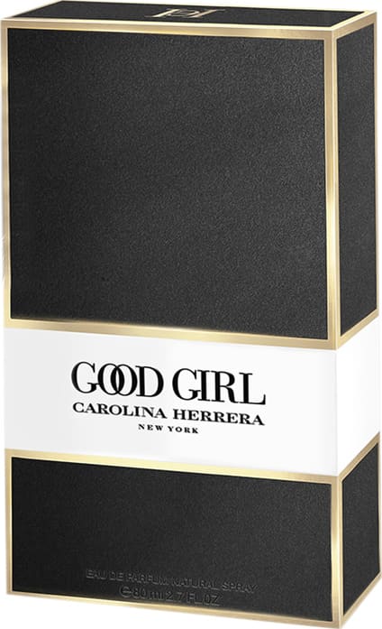 Caixa preta e dourada contendo o perfume "Good Girl" da marca Carolina Herrera, com o nome da marca e da fragrância impressos em letras brancas.